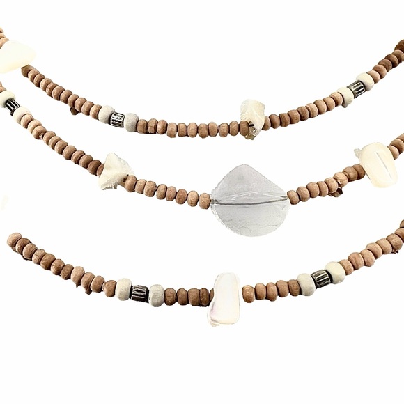 Vintage Mixed Media Layer Stack Wire Necklace Wood Shell Nuggets Quartz Beaded - Picture 4 of 6